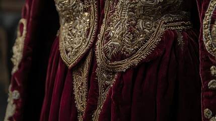 Fototapeta premium Elegant burgundy fabric with intricate golden embroidery details