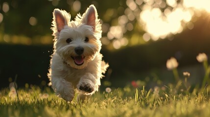 A West Highland White Terrier playing on green grass in a backyard in the summer.
