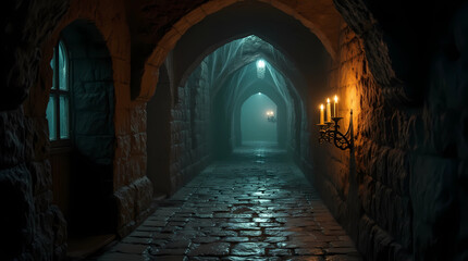 Fototapeta premium Kino's haunted basement with glowing spiderwebs