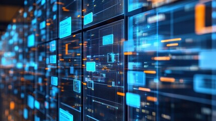 A futuristic digital interface with glowing screens displaying data and information in blue and orange tones, representing technology and innovation.