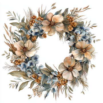 2w intricately detailed watercolor clipart illustration displaying a wreath bouquet of flowers, browns, grey blues, brush stroke clipart 