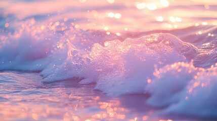 Close-up macro photography of pink and blue water with gentle waves, sparkles, and soft bokeh. The image has a calm and dreamy atmosphere. Suitable for backgrounds, textures, and design projects.
