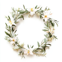 Fototapeta premium Isolated on a white background, A delicate circular wreath made of intertwined olive branches with soft pastel flowers, including lilies and daffodils. 
