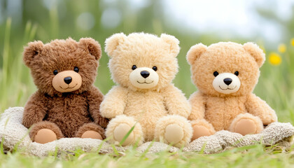 Three teddy bears sitting in a grassy field