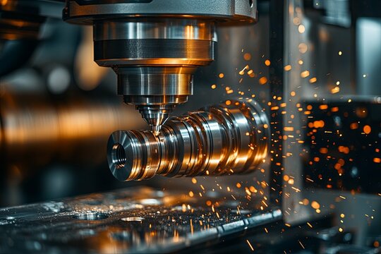 A metal piece being machined by a powerful industrial tool