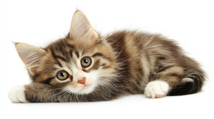 Fluffy Tabby Kitten Lying on White Background