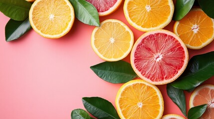 Fresh fruit border on pink background. Summer food, healthy food, vitamin C citrus fruits tropics.