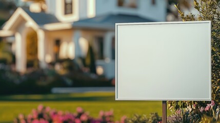 Blank yard sign on residential street background. Mock-up of a blank yard sign for real estate or other purposes.