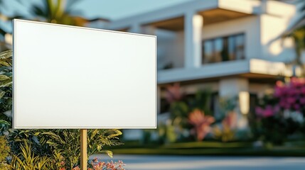 Blank yard sign on residential street background. Mock-up of a blank yard sign for real estate or other purposes.