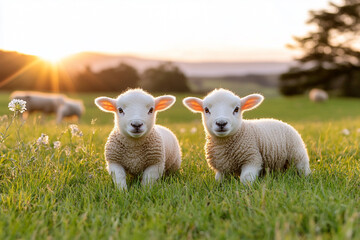 Fototapeta premium a photo of two cute baby lambs playing in the sunlit field, surrounded by l