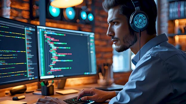 Cybersecurity expert programming with multiple monitors displaying futuristic coding interface
