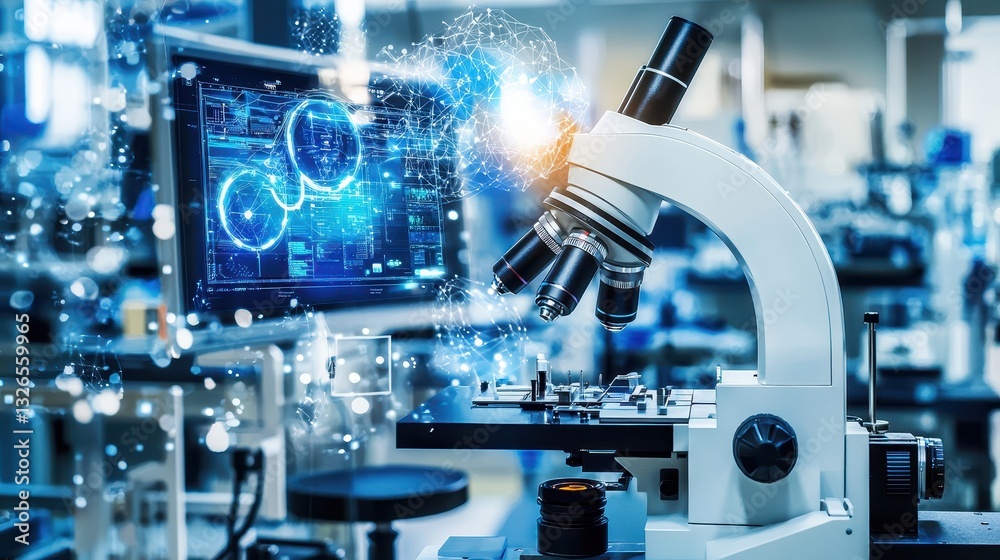 Poster advanced laboratory setup with microscope and digital display technology