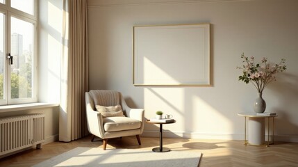 Serene sunlit interior featuring a minimalist armchair, a side table with a book and plant, and a large framed artwork, creating a peaceful and inviting atmosphere in a contemporary living space.