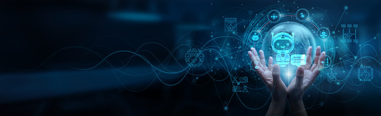 Hand man holding of global artificial intelligence network connection, enhancing communication efficiency, automating customer interactions. Chatbots are revolutionizing the way businesses connect.
