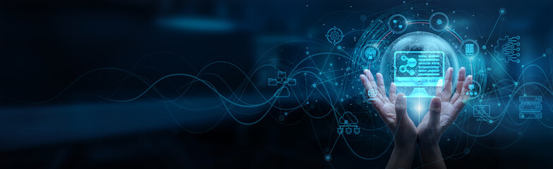 Hand man holding of global computer science network connection, algorithm data structure programming language, artificial intelligence machine learning cybersecurity, database networking system.