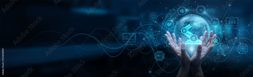 Poster hand man holding of global industry 4.0 network connection, cyber-physical systems internet of thing