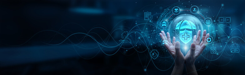 Hand man holding of global insurance network connection, risk assessment claim processing policy...