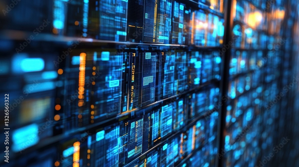 Poster a visually striking image of a data center featuring illuminated server racks with a blue hue, empha