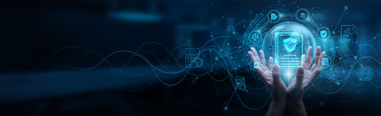 Hand man holding of global policy network connection, regulatory compliance risk management...