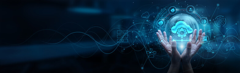 PaaS. Hand man holding of global cloud network connection, Platform As A Service provides scalable solutions for developers, enabling efficient application deployment and management.