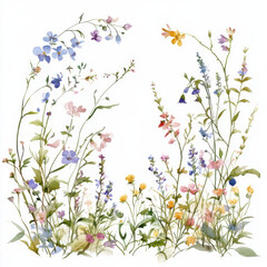 wild flowers with vines border which I can use around an arch. White background. Watercolour. 