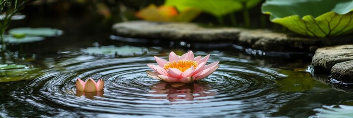 Serene Small Natural Pond with Beautiful Floating Lotus Flowers