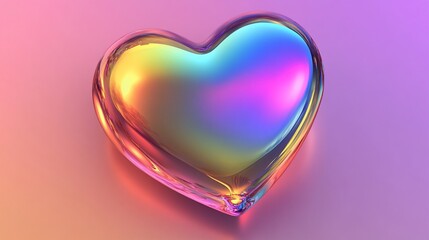 Glass heart with rainbow reflections in gradient color background minimalist composition