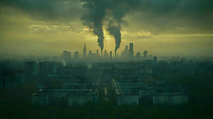 Fototapeta premium Smog-choked city skyline at sunrise