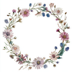 Obraz premium a watercolor illistration of ASTER FLOWER WREATH BORDER, muted color palette, aesthetic style, detailed design, brushed texture, to be used as clipar