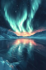 Aurora Borealis over Frozen Lake in Winter Dawn with Frosty Forest and Scenic Landscape
