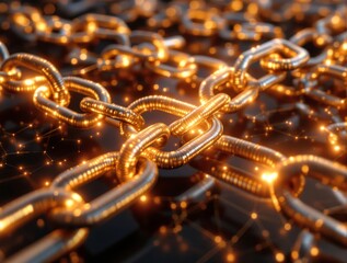 Blockchain Chain Links: Futuristic Digital Blockchain Concept with Interconnected Gold and Silver Links Representing Decentralized Technology