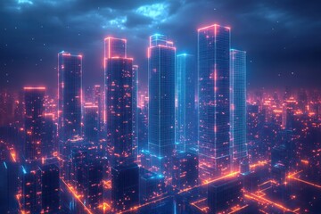 Fototapeta premium Futuristic High-Rise Cityscape Design with Neon Lights in Isometric View Digital Art