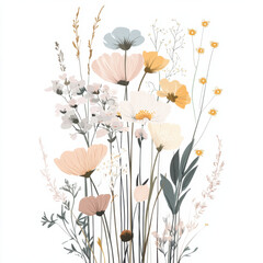 Naklejka premium A stylish and elegant floral design featuring a cluster of wildflowers in soft pastel colors, with a minimalist aesthetic. 