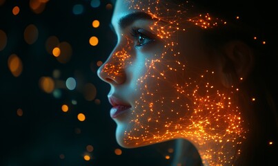 Obraz premium a portrait of a woman with sparkling particles on her face and body.