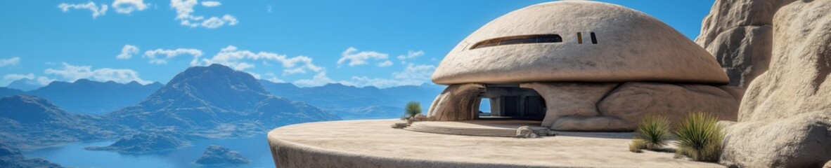 Obraz premium Unique architectural design blends harmoniously with the natural landscape in a serene location