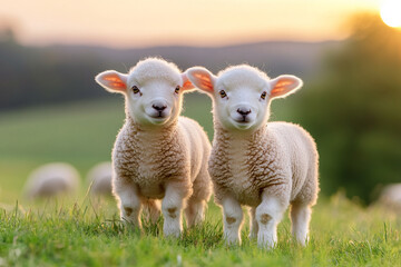 Fototapeta premium a photo of two cute baby lambs playing in the green field, with more sheep grazing behind them