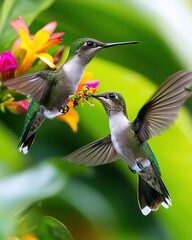 Fototapeta premium Colorful Hummingbirds Feeding on Vibrant Tropical Flowers
