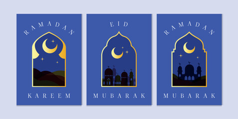 Collection of modern style Ramadan Mubarak greeting cards. Arched windows with crescent moon, mosque domes, stars, desert landscape. Islamic festival design set. Greeting cards, backgrounds, banners.