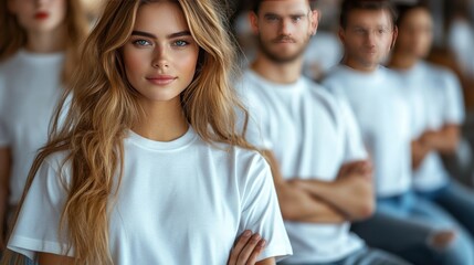 Obraz premium Confident woman leading team, studio, unity, background blurred