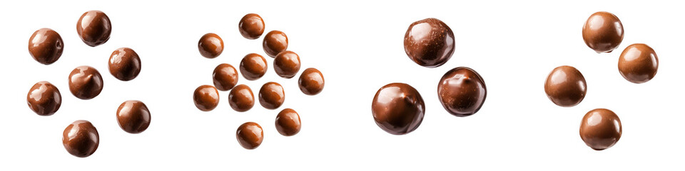 Obraz premium Assorted Glossy Chocolate Pralines in Elegant Arrangement Delectable Cocoa Confectionery Treats Displayed in Enticing Display