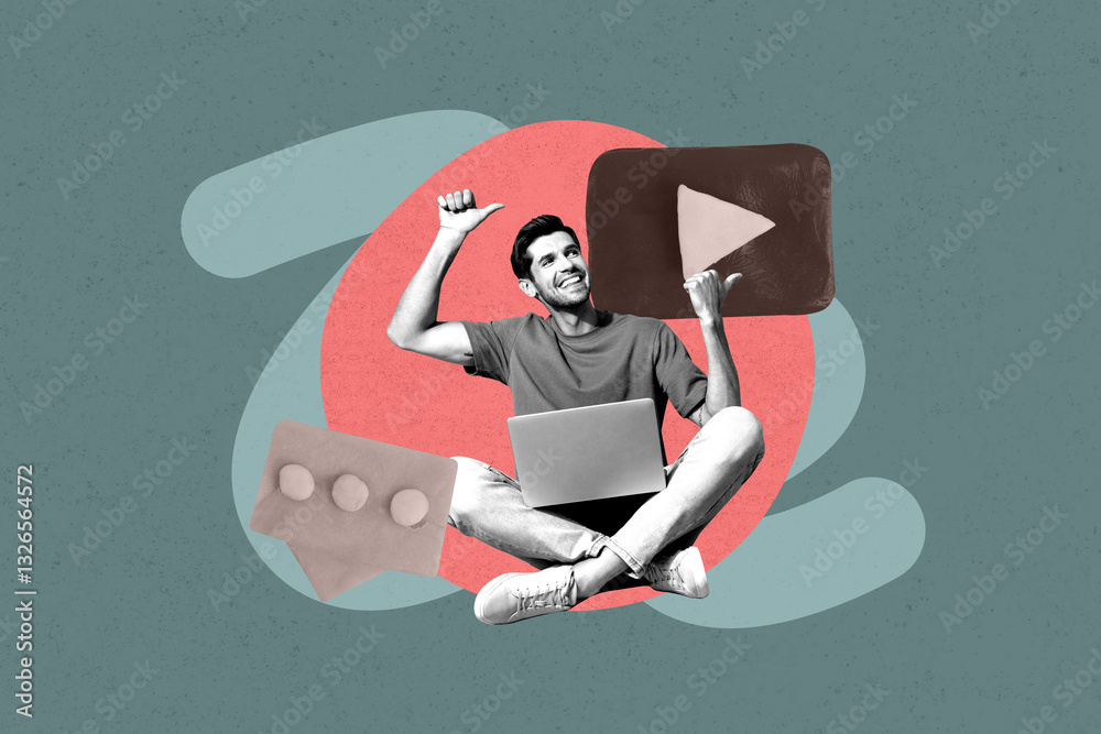 Poster 3d sketch poster trend collage of happy man hold laptop point player social media icon button text b