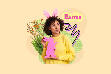 Fototapeta premium Creative photo collage young woman rabbit ears environment blossom easter holiday tradition celebrate springtime blossom