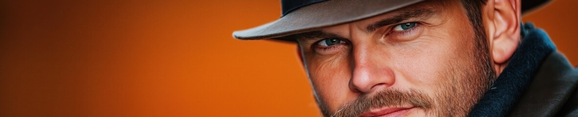 Obraz premium Man wearing a hat with a serious expression in front of a bright orange background during a sunny day