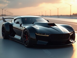 Futuristic custom-built black muscle car driving on a racetrack at sunset