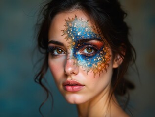 Fototapeta premium Beautiful woman showing creative fractal make-up art