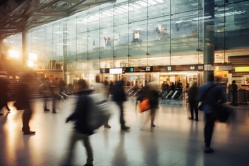 Dynamic airport terminal scene capturing travelers in motion with luggage and tickets in hand