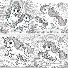 Obraz premium four sheets of children's coloring pages with unicorns. A mother unicorn and her baby unicorn are cheerfully running across a field in the grass and above are clouds and a rainbow