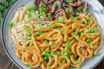 Udon Noodles with Soy Unagi Sauce, Mushrooms, and Green Onion