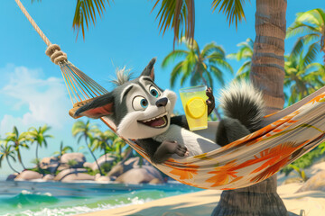 A cartoonish, happy skunk lies in a hammock on an exotic island under palm trees against the backdrop of the ocean with a glass of lemonade in his hand.