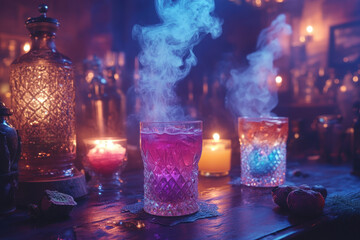 Glass filled with pink liquid and a candle glowing beside it, casting a warm light in a dim room.
